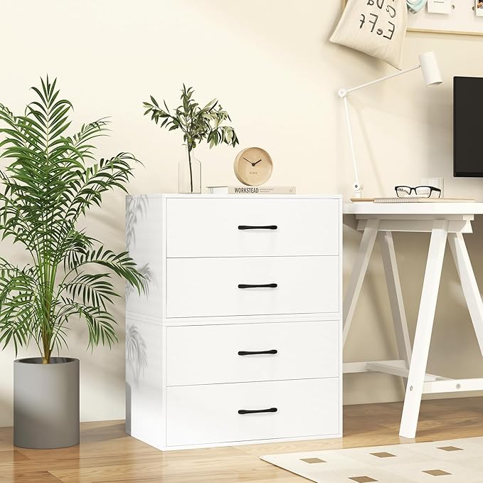 GOFLAME Stackable 2-Drawer Dresser, Wood Horizontal Storage Organizer with Metal Handle & Smooth Sliders, Lateral File Cabinet with Anti-tilt Kit for Bedroom Office, White