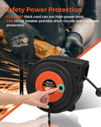 Retractable Extension Cord Reel, 45 FT Heavy Duty Power Cord, 12AWG/3C SJTOW, 3 Grounded Outlets Lighted Triple Tap, 15 Amp Circuit Breaker, UL Listed, Orange B45CR06