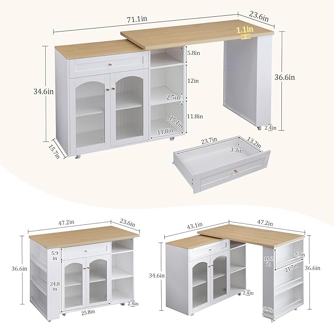 LYNCOHOME Rolling Kitchen Island with 360° Rotating Tabletop, Mobile Lockable Wheels & Adjustable Shelves, Multifunctional Storage Cart for Kitchen & Dining（White）
