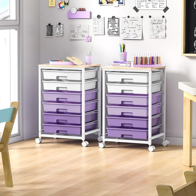 Rolling Cart with Drawers,Utility Cart with 6 Drawers,Rolling Storage Cart with Drawers and Wooden Tabletop & Lockable Wheel,Purple