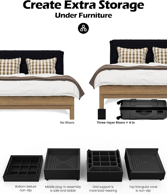 Furniture Risers, Tclouda Bed/Sofa/Desk/Table/Chair Leg/Fridge Lifts to 1.5, 3 and 4 in, Rectangle Adjustable Risers Blocks for Extenders, Heavy Duty Supports Up to 1300 Lbs, 4 in-Black-Square