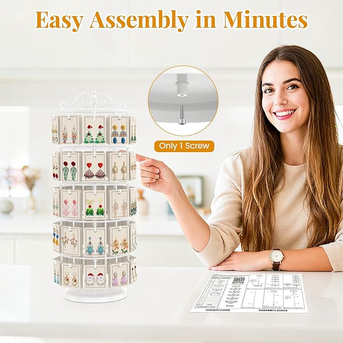EsLuker.ly Earring Holder Organizer Rotating Display Tree Stand, Adjustable Height Earring Card Hanger Rack with 50 Hooks for Vendors Market Selling, 5 Tier Metal Jewelry Storage Tower, White