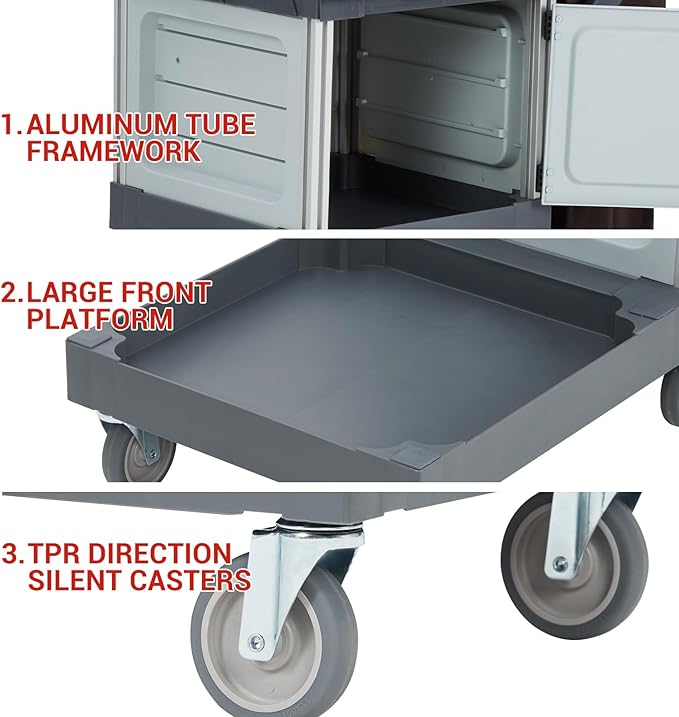 Heavy-Duty Commercial Janitorial Cleaning Cart with 2 Cabinets, 3 Shelves, Vinyl Bag, and Wheels for Housekeeping in Hotels, Schools, and Apartments