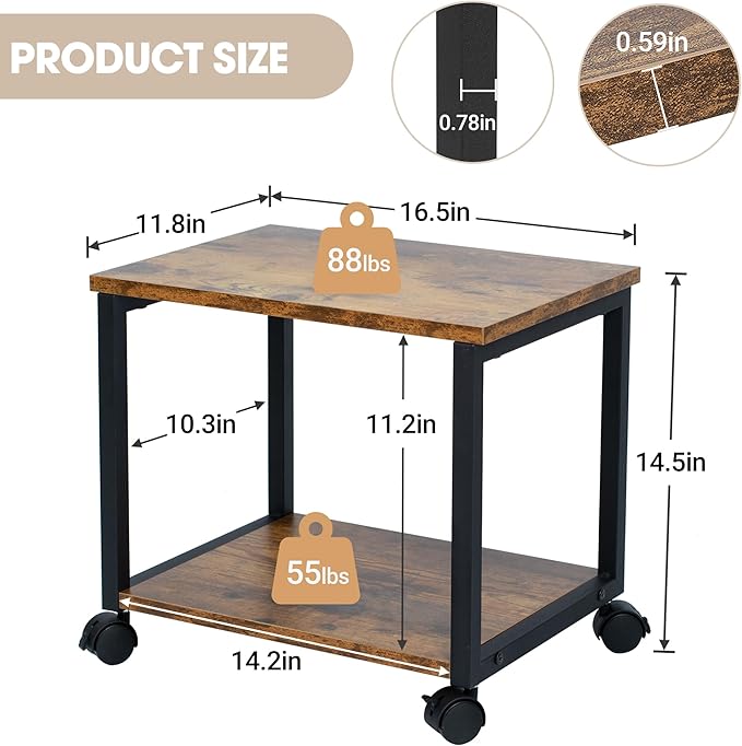 Under Desk Printer Stand - 2-Tier Industrial Mobile Printer Table with Storage Shelf, Heavy Duty Wood Rolling Printer Cart with Wheels for Home and Office,Rustic Brown
