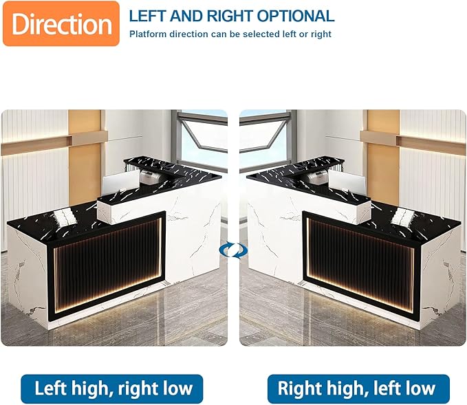 L-Shaped Reception Desk with Counter LED Light and Lockable Drawers and Storage Tall Modern Front Desk Reception Counter for Checkout Lobby Beauty Salon D Left 71inch/180cm