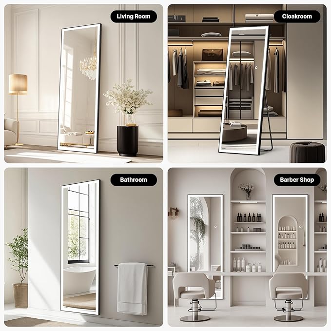 Kosmonia 65x24 Full Length Mirror, Dimmable 3 Color LED Light w/Light Memory, Distortion Free Silver Coating Mirror, HD Reflection &Anti Desilvering,Tempered Glass &Shatter Proof Film Doubles Safety