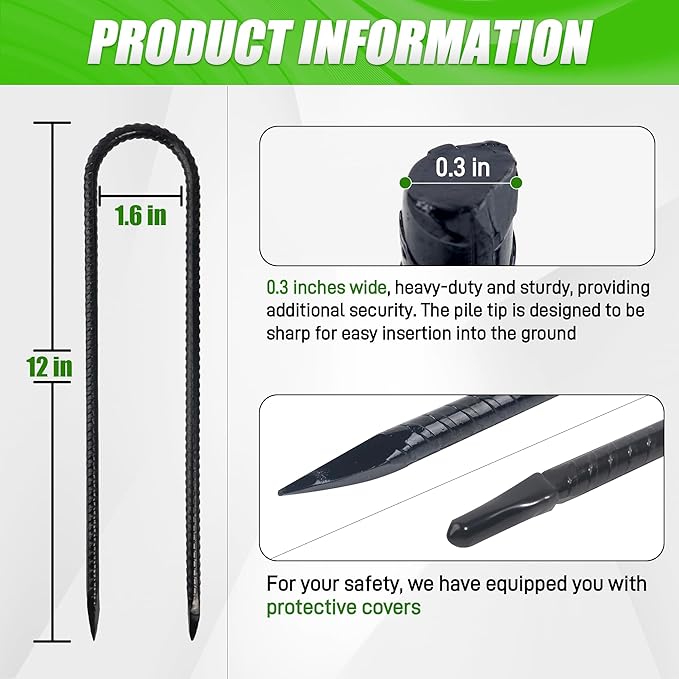 Anothera 8 Pack Trampoline Stakes Anchors High Wind, 12 Inches Tent Stakes Heavy Duty, Galvanized Steel Ground Stakes Kit, U Shaped Rebar Stakes for Trampoline, Tents, Fence
