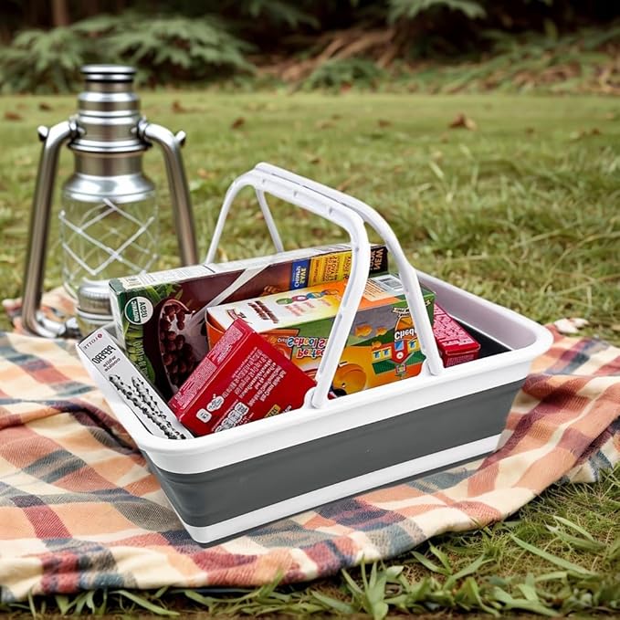 SAMMART Collapsible Basket with Handle 8L (2.1 Gallon) - Portable Outdoor Picnic Basket/Crate -Foldable Basin for Washing Dishes,Camping,Hiking (White/Steel Grey)