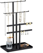 pickpiff Jewelry Stand Organizer, 12.5" Tall Sturdy Metal, 3-Tier Jewelry Holder for Necklace, Earring, Bracelet, Ring, Hanger for Display and Storage, Aesthetic Room Decor, Black