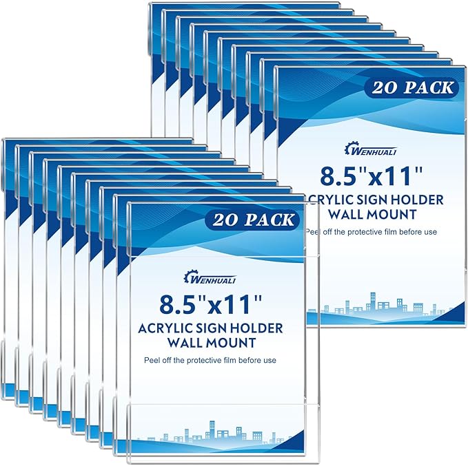 20 Pack Acrylic Sign Holder 8.5 x 11 Wall Mount Sign Holders, Clear Acrylic Wall Frame with Double Sided Tape for Office, Home, Business-Vertical (20 Pack)