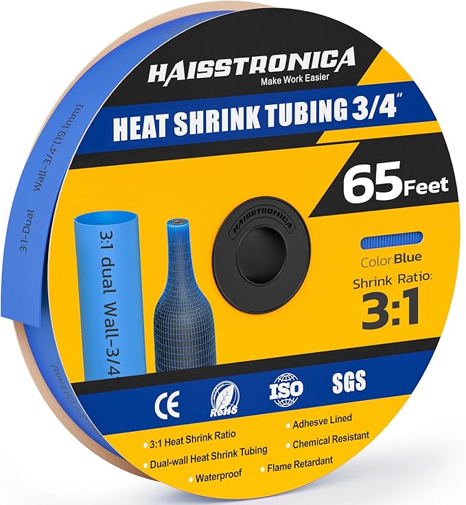 haisstronica 3:1 Heat Shrink Tubing, Shrink Ratio Adhesive Lined Marine Grade Heat Shrink Tube for Home, Automotive and Industrial (Blue) 65FT 3/4inch