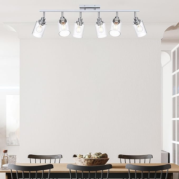 6-Light Track Lighting Kit Ceiling Kitchen Track Lighting Fixtures Chrome Bathroom Vanity Wall Lights with Clear Glass Multi-Directional Rotating Tracking Light Heads Spotlight for Accent Shop