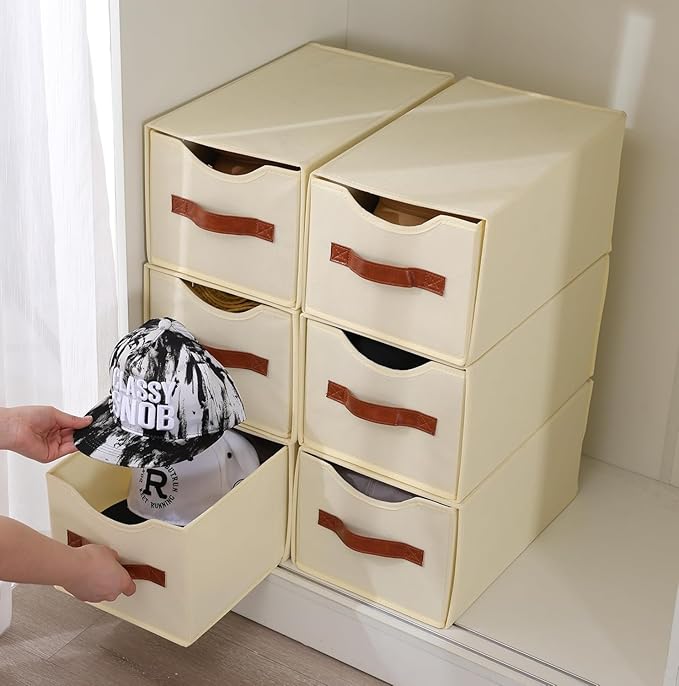 2 Pack Stackable Storage Drawers, Fabric Closet Organizers and Storage with Handles and Clear Window, Pull-Out Clothes Storage Bins with Drawer for Closet, Bedroom, Living Room, Under Bed, Beige
