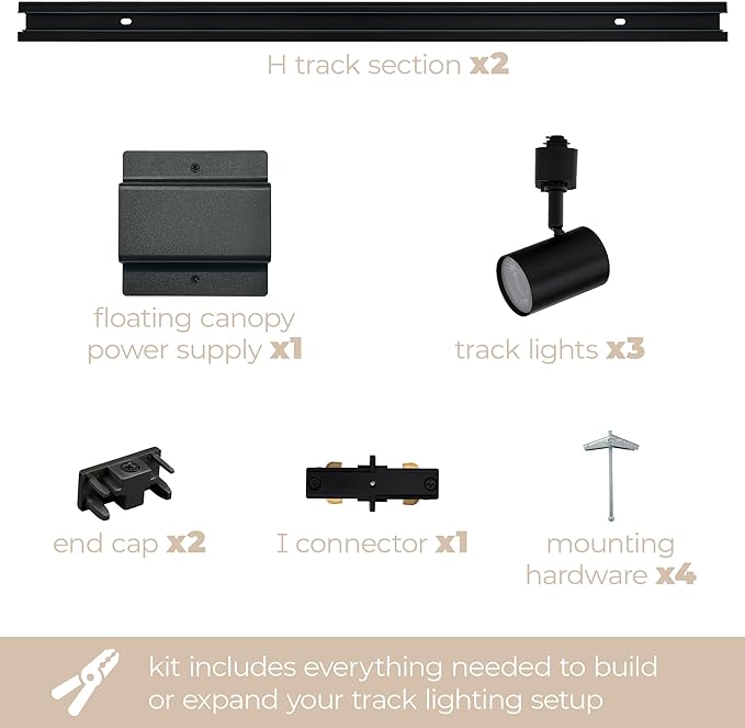 Amped Collection 3-Light 48in Field Cuttable LED Track Lighting Kit with 3 LED 5-CCT Selectable Track Heads, 4ft Track, End Caps, Floating Feed in Black Finish
