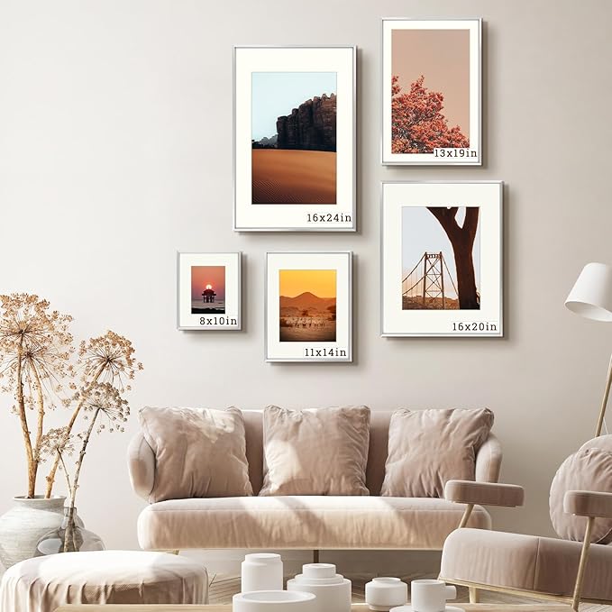 Frametory, 16x24 Metal Picture Frame with Mat for 12x18 Picture & Real Glass, Aluminum Photo Frame Collection (Silver, 2 Pack)