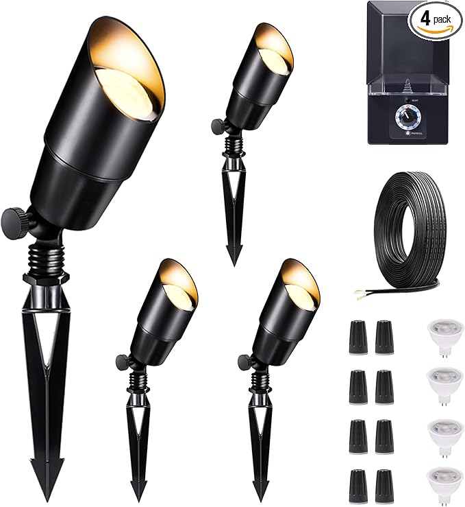 Low Voltage Spotlight Kit, with 4 Pack Black LED Landscape Lighting and 100W Transformer and 100FT Cable and 20 Wire Connectors, Outdoor 12V Waterproof Aluminum Uplight for Tree Yard Garden
