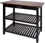 Island Oasis Solid Wood Kitchen Island with Drawer, Stainless Steel Towel Bar and Open Storage Multi-Purpose Prep Table for Home Kitchens Walnut and Black