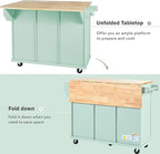 Rolling Kitchen Island with 2 Bar Stools, Drop Leaf, Cabinet Door Storage Racks & 3 Drawers, Mobile Kitchen Cart with Rubberwood Top & Locking Wheels for Dining Room & Kitchen, 53-Inch, Mint Green