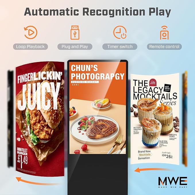 MWE 65 Inch 4K Digital Signage Display Kiosk, Indoor Floor Standing Advertising Display Poster, LCD Commercial Display with Auto Media Player, Android System, HDMI/USB/WiFi