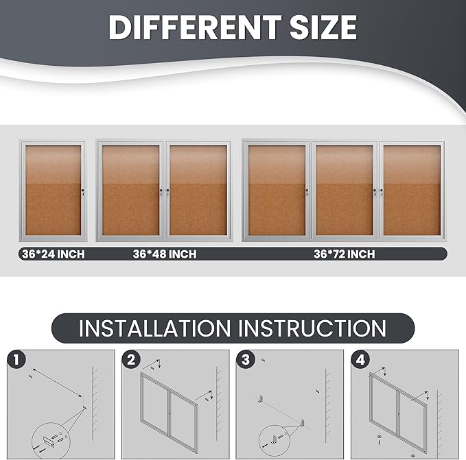 48"x36" Lockable Enclosed Bulletin Board, Outdoor Cork Weather-Resistant Aluminum Frame Notice Board, Wall Mounted Display Case Acrylic Doors for School,Office,Silver Frame w/Cork