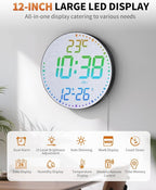 12" Large Digital Wall Mount Clock, Count Down Timer, Alarm, Big LED, 12 RGB Color, Temperature for Living Room Classroom Desk, Xmas, Birthday Gift for Senior Mom (Fabric Elements)