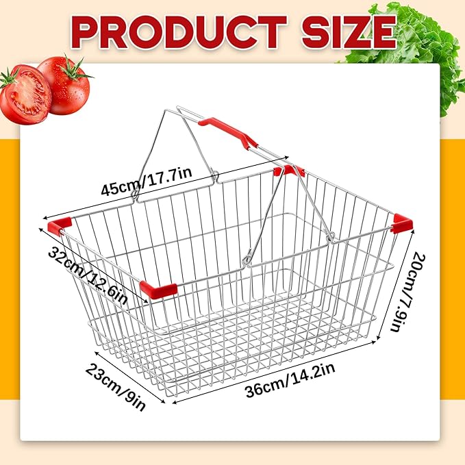 2 Pack Wire Shopping Baskets with Handle and Bumpers 17.7 x 12.6 x 7.9 Inch Foldable Sturdy Metal Basket Storage Organizer for Retail Grocery Supermarkets Kitchen Vegetables Fruits Picnic
