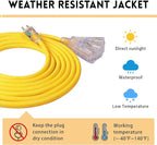 EP 25 Ft Lighted Outdoor Extension Cord with 3 Electrical Power Outlets - 14/3 SJTW Heavy Duty Yellow Extension Cable with 3 Prong Grounded Plug - Power Cord for Lawn, Garden, Appliances
