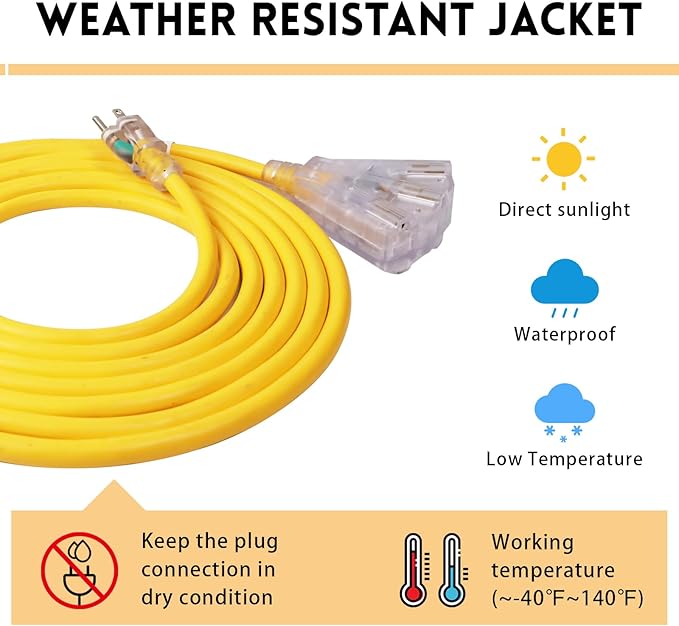 EP 50 Ft Lighted Outdoor Extension Cord with 3 Electrical Power Outlets - 14/3 SJTW Heavy Duty Yellow Extension Cable with 3 Prong Grounded Plug - Power Cord for Lawn, Garden, Appliances