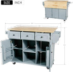 Yayzy Rolling Kitchen Island with Drop Leaf, Cabinet Door Storage Racks & 3 Drawers, Mobile Kitchen Cart with Rubberwood Top & Locking Wheels for Dining Room & Kitchen, 53-Inch, Grey Blue
