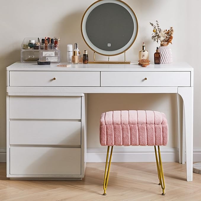 IBUYKE Stool Chair with Storage Space, Footrest Footstool Ottoman, Small Side Table, with 4 Metal Legs, with Anti-Slip Feet, for Makeup Room, Bedroom, Faux Fur, Pink LG-50P