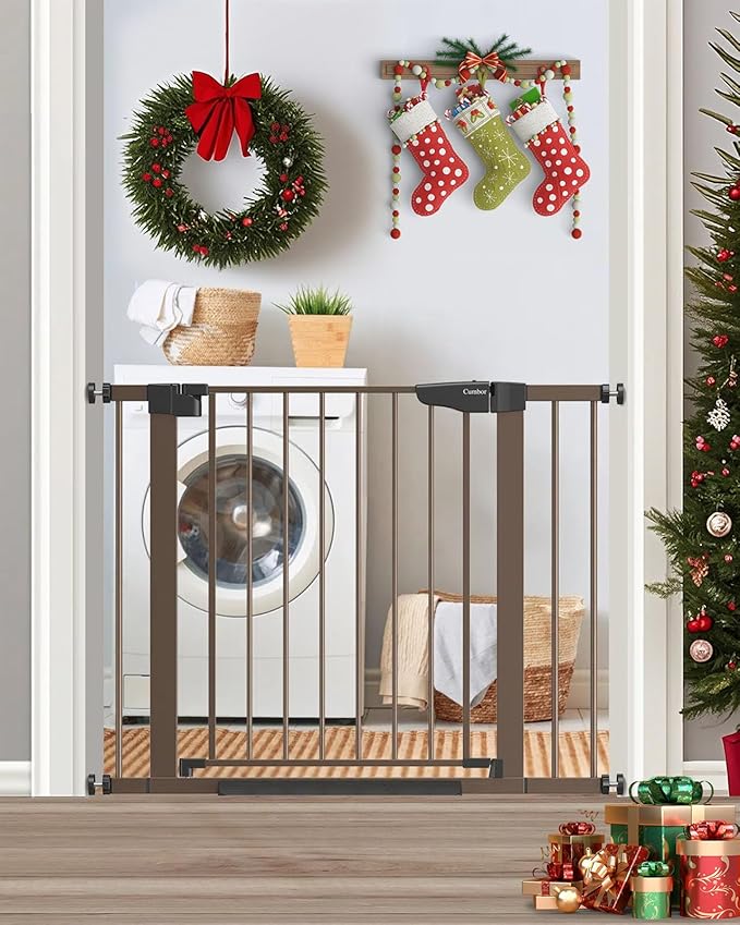 Cumbor 29.7-40.6" Baby Gate for Stairs, Mom's Choice Awards Winner-Dog Gate for Doorways, Pressure Mounted Auto-Close Pet Gates for Dogs Indoor, Safety Child Gate with Easy Walk Thru Door, Brown