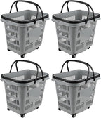 4-Pack Large Wheeled Shopping Basket with Carry Handle, 50 L Plastic Grocery Shopping Basket Gray