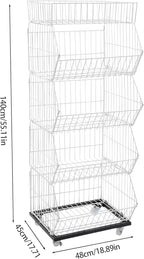 5 Tier Retail Display Rack, Rolling Storage Rack 5 Layers 18.9*17.72*55.12in Metal Display Shelf Fruit Vegetable Snack Basket Storage Supplies for Home Store Market (White, 48*45*140cm)