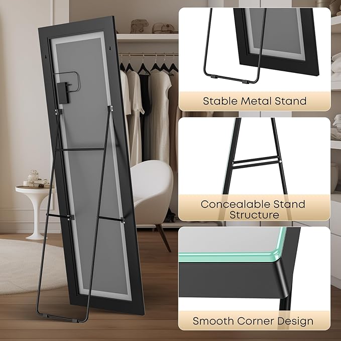 Kosmonia 63x24 Frameless Full Length Mirror, Dimmable 3 Color LED Light w/Memory Function, Distortion Free, HD Reflection & Anti Desilvering, Tempered Glass & Shatter Proof Film Doubling Safety