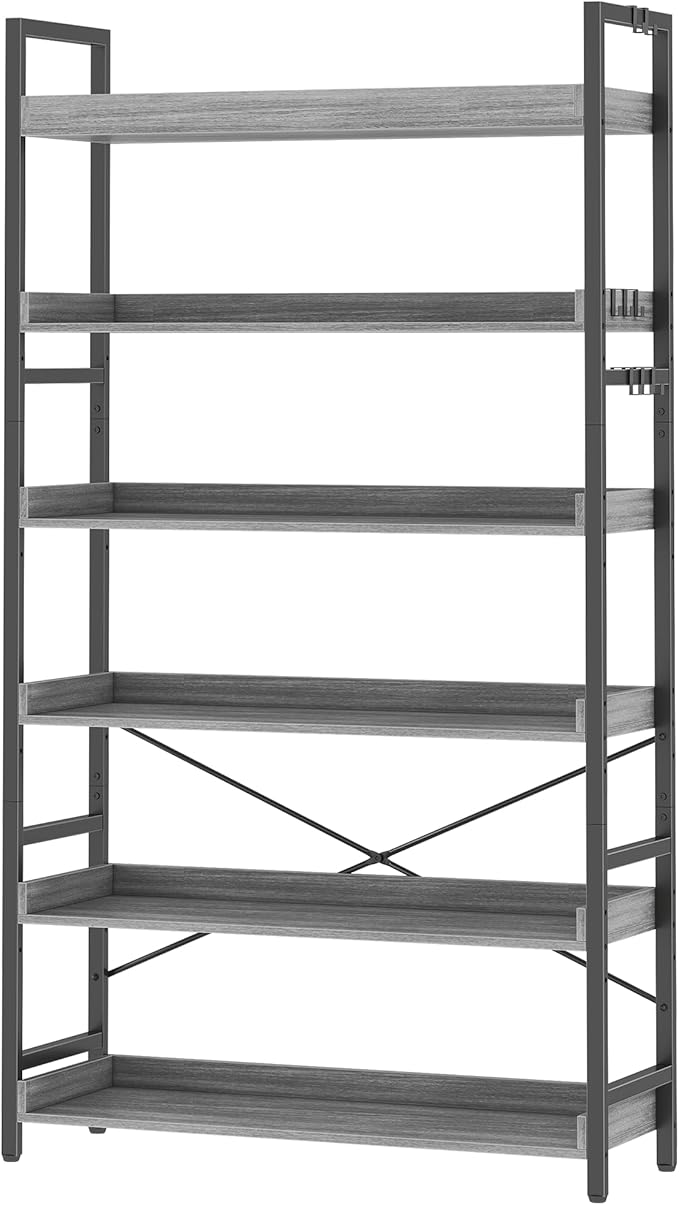 HCHQHS Bookshelf, Adjustable Industrial Bookcase, Vertical Tall Book Shelf, Wood and Black Metal Open Bookshelves for Home Office, Living Room, Bedroom (Grey, 6-Tier (31" W x 70" H))