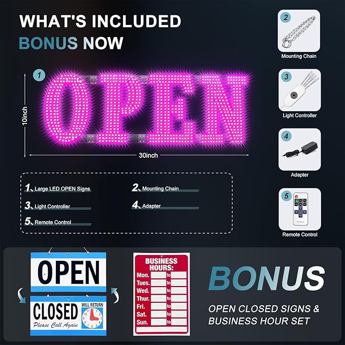30" x 10" Large LED Open Signs with Remote Control 14 Modes Dimmable Open Sign for Business Window Stores Retail and Restaurant Pink