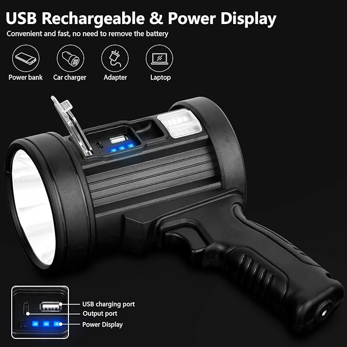 MIXILIN Rechargeable Spotlight, 90,000 Lumens Handheld Hunting Flashlight Led Spot Light with Cob Light and Solar Panels, Lightweight and Super Bright Spotlight for Hunting Boating Camping