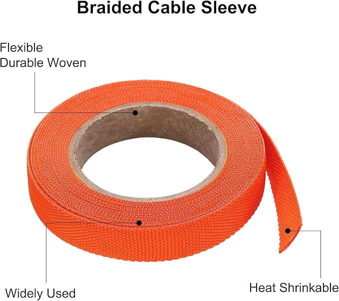 MECCANIXITY Braided Cable Sleeves Heat Shrinkable Fabric Sleeving, 3/8" 16ft Orange 2:1 Ratio Heat Shrinkable Cord Protector for Harness Cable, Network Cable Protection, Cable Management