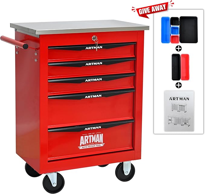 5-Drawer Heavy-Duty Rolling Tool Chest with Wheels & Steel Roof, Lockable Tool Chest Storage Cabinet for Garage, Workshop, Warehouse, and Repair Shop