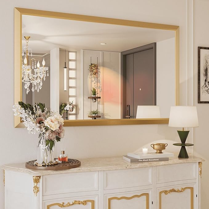Amorho Bathroom Mirror, 60x36 Inch Golden Thick Metal Framed Wall Mirrors for Over Sink, Wall-Mounted Mirrors Perfect for Bedroom, Living Room, Entryway, Rectangle (Horizontal/Vertical).