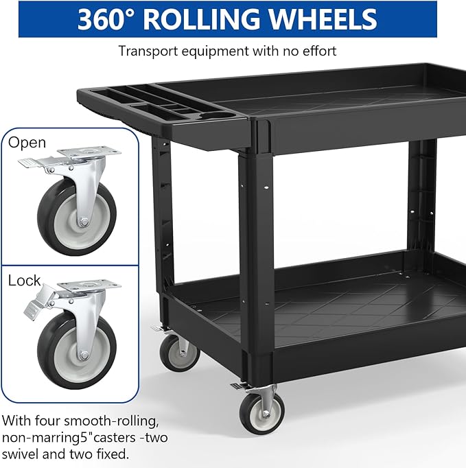 550LBS Utility Cart, 2-Tier 46x25 Inch Utility Cart with Wheels,Heavy Duty Service Cart-Lipped Shelves,Ergonomic Storage Handle and Swivel Wheels for Warehouse, Garage, Cleaning,Black