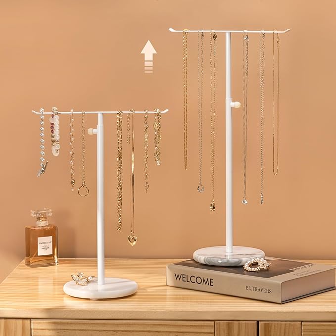 White Necklace Holder Jewelry Organizer Stand – Adjustable Height T‑Bar Jewelry Display with White Marble Base, Necklace & Bracelet Holder, Countertop Jewelry Tree