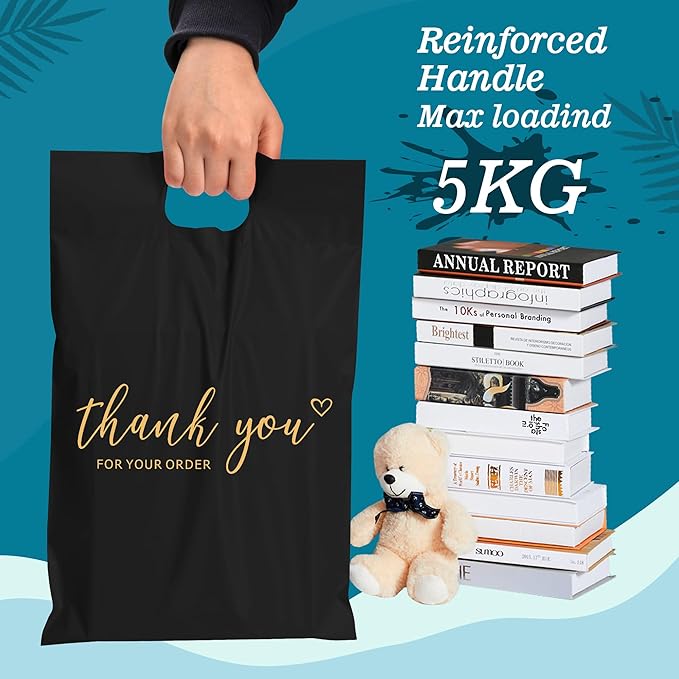JinRuiKJ Poly Mailers with Handle 10x13 Inch 25 Pcs, Easy to Carry Packaging Bags for Small Business, Thank You Shipping Bags with Self Adhesive Strip, Tearproof and Waterproof - Black