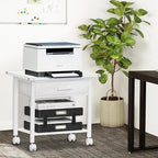Lerliuo Under Desk Rolling Printer Stand with Drawer, 2-Tier Industrial Mobile Printer Table Desk with Storage Shelf and Steel Frame, Printer Cart Holder with Lockable Wheels for Home, Office (White)