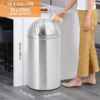 18.5 Gallon (70 L) Heavy Duty Stainless Steel Trash Can with Push Lid, Removable Inner Bucket, Durable Outdoor Garbage Bin for Commercial Use