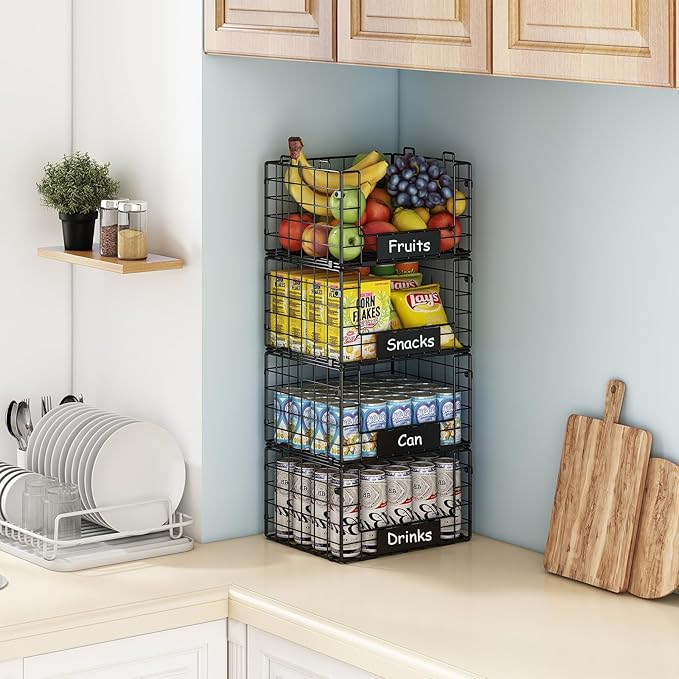 JKsmart Pantry Organizers and Storage, 4 Pack XL Stackable Wire Baskets with NamePlates, Metal Storage Bins for Snack Can Fruit Vegetable Spice