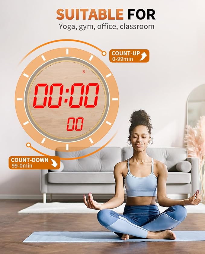 12" Large Digital Wall Mount Clock, Count Down Timer, Alarm, Big LED, 12 RGB Color, Temperature for Living Room Classroom Desk (Bamboo Elements)