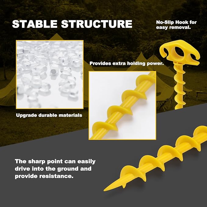 Tent Stakes Ground Anchors Screw in, 10 Pack Sand Stakes for Beach 9.4 Inch Heavy Duty Spiral Tent Pegs for Camping, Party, Hiking, Outdoor Decoration (10, Yellow)