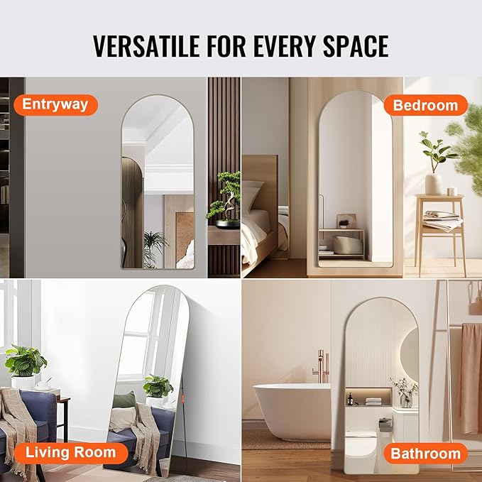 VEVOR Full Length Mirror, 71'' x 30'' Large Gold Arched Floor Mirror with Stand Aluminum Alloy Frame, Free Leaning Hanging Wall Mounted, Full Body Mirror for Bedroom Living Room