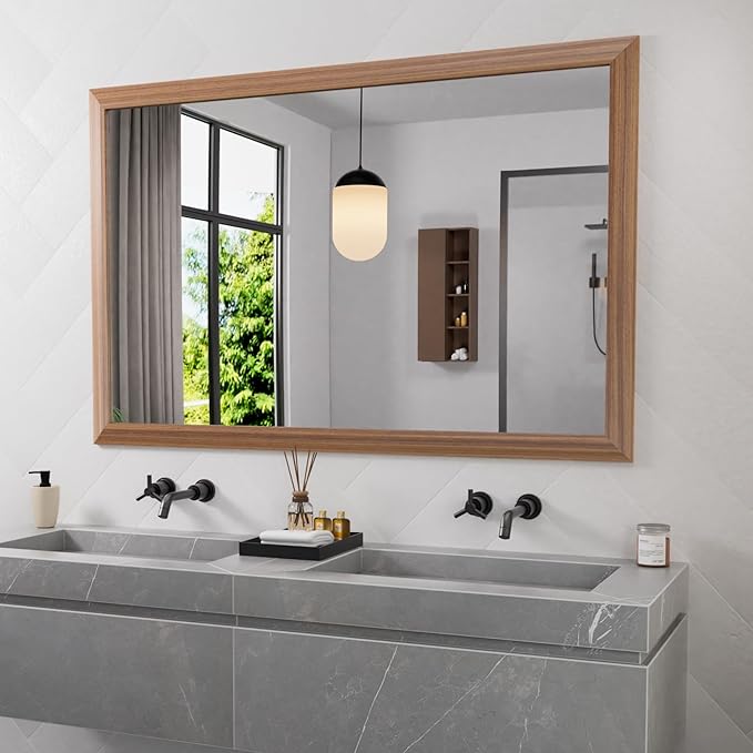 Amorho Bathroom Mirror, 50 X30 Inch Wall Mirror, Walnut Wood Grain Metal Framed, Anti-Rust, Hang Horizontally/Vertically, Suitable for Bedroom, Farmhouse, Bathroom, Decorative